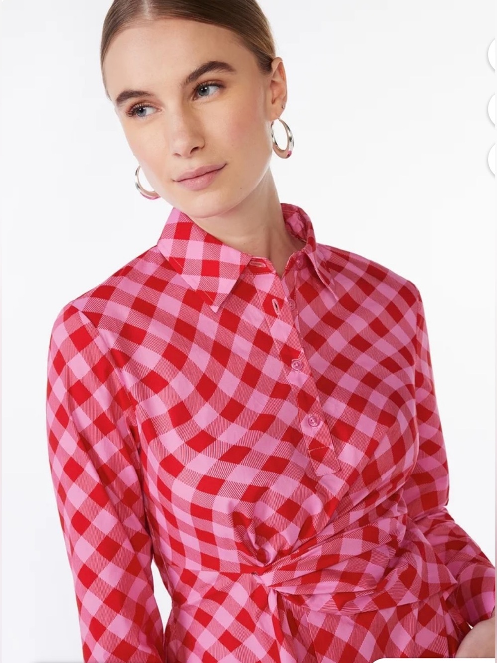 Scoop women dress Red Pink Gingham Twist-Waist Midi Shirt Dress size: L - Picture 4 of 17